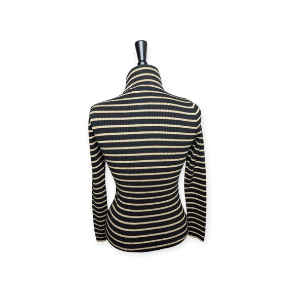 Lauren Ralph Lauren Black & Gold Tone Striped Ribbed Turtleneck Top Size Medium - Picture 5 of 12